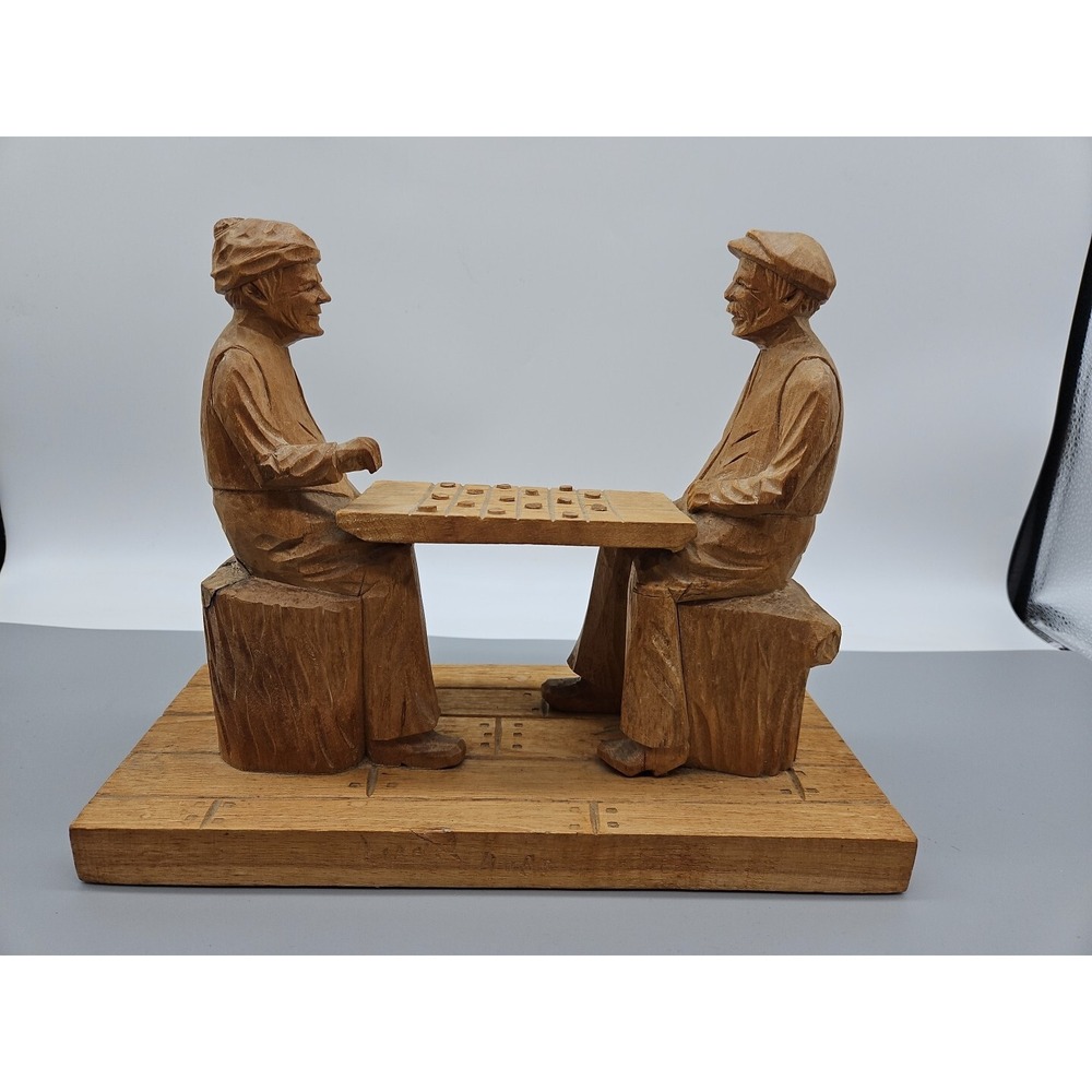 Vintage Hand Carved Wood Sculpture Men Playing Checkers One Arm Broke Off